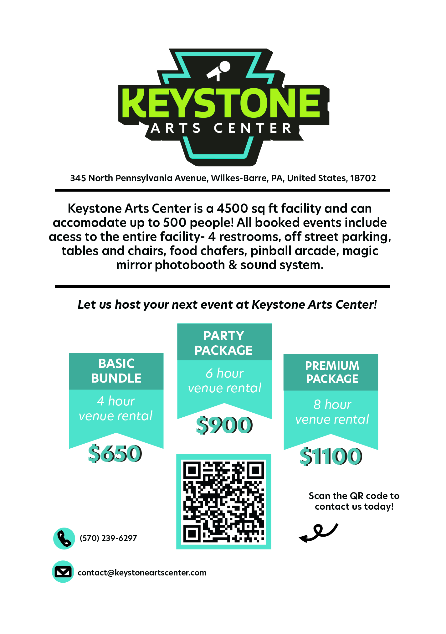 Pricing sheet for events at the Keystone Arts Center